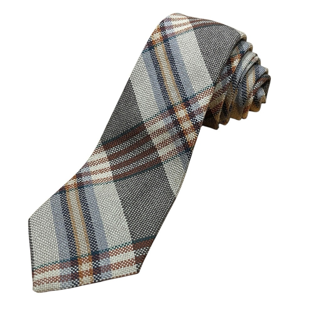 Vintage Necktie 100% Lambswool Brown Plaid Narrow Tie